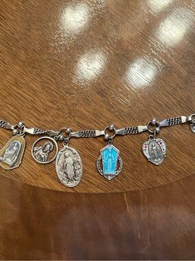 Sterling Silver Religious Charm Bracelet with Blue and Silver Medallions